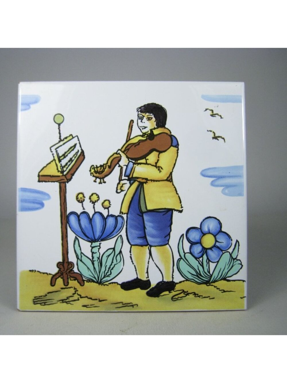 Violin Hand-Painted Ceramic Tile Musician Floral Design Spain 6 inch String